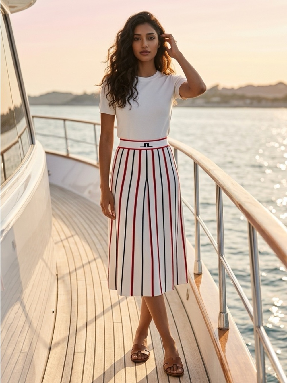 NWT J.Lindeberg Women's Nelly Korda White Red Pin Strip Knitted Midi Skirt - XS